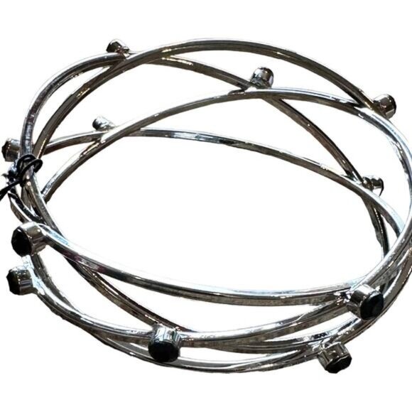 Silver Tone Intertwined Bracelet With Black Stone Accents - Picture 5 of 5